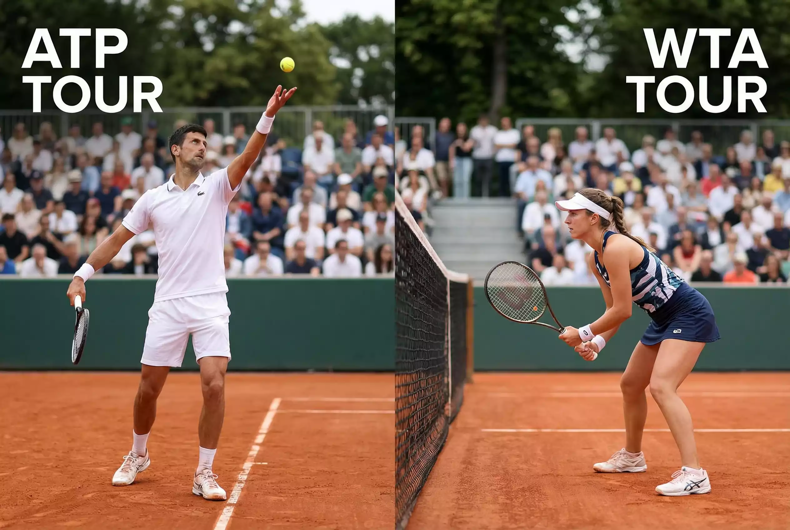 Zwei Tennisschläger nebeneinander auf einem geteilten Sandplatz — ATP- und WTA-Vergleich